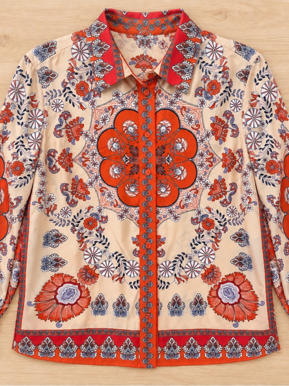 NWT Rachel Zoe Cream button front Shirt with Red Floral Medallion Print small